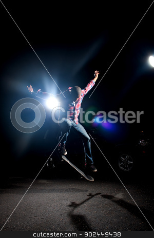 To use this stock image in your creative project, please select the size you need over to the right and click the "Add to Cart" button.
Your downloaded image will come with the Cutcaster watermark removed so don’t worry about the watermark you see on this page. Cool Skateboarder Guy stock photo, A skateboarder performs tricks under dramatic rim lighting with lens flare. by Todd Arena