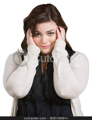 To use this stock image in your creative project, please select the size you need over to the right and click the "Add to Cart" button.
Your downloaded image will come with the Cutcaster watermark removed so don’t worry about the watermark you see on this page. Smirking Lady with Hands on Hair stock photo, Smirking young woman with hands on ears over white by Scott Griessel