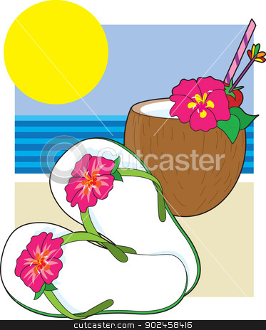 To use this stock image in your creative project, please select the size you need over to the right and click the "Add to Cart" button.
Your downloaded image will come with the Cutcaster watermark removed so don’t worry about the watermark you see on this page. Flip Flops and Drink stock vector clipart, A collection of illustrations symbolizing the simple highlights of a tropical vacation. by Maria Bell