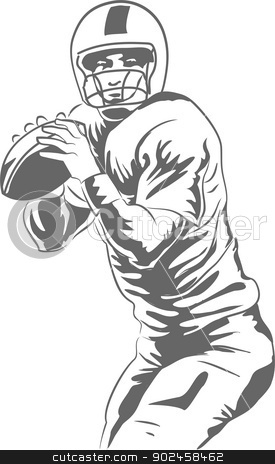 To use this stock image in your creative project, please select the size you need over to the right and click the "Add to Cart" button.
Your downloaded image will come with the Cutcaster watermark removed so don’t worry about the watermark you see on this page. American Football Player stock vector clipart, Vector illustration of a football quarterback about to throw a winning pass. by PhotoEstelar