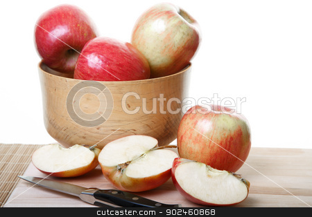 To use this stock image in your creative project, please select the size you need over to the right and click the "Add to Cart" button.
Your downloaded image will come with the Cutcaster watermark removed so don’t worry about the watermark you see on this page. Whole and Cut Apples on Board stock photo, Apples in a wood bowl and on cutting board with some cut in half by Darryl Brooks