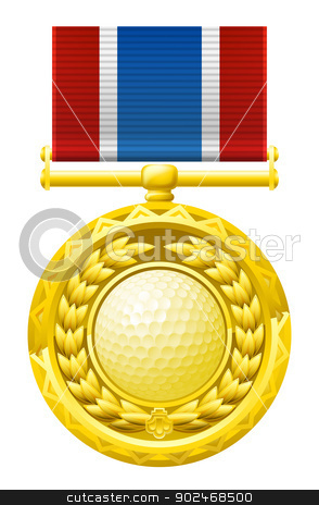 To use this stock image in your creative project, please select the size you need over to the right and click the "Add to Cart" button.
Your downloaded image will come with the Cutcaster watermark removed so don’t worry about the watermark you see on this page. Golf medal stock vector clipart, A gold winners medal with a laurel wreath and golf ball illustration. by Christos Georghiou