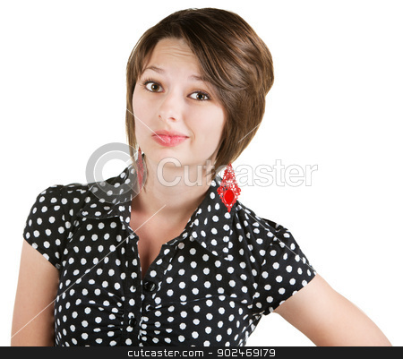 To use this stock image in your creative project, please select the size you need over to the right and click the "Add to Cart" button.
Your downloaded image will come with the Cutcaster watermark removed so don’t worry about the watermark you see on this page. Unimpressed White Female stock photo, Unimpressed young white female in polka dot blouse by Scott Griessel