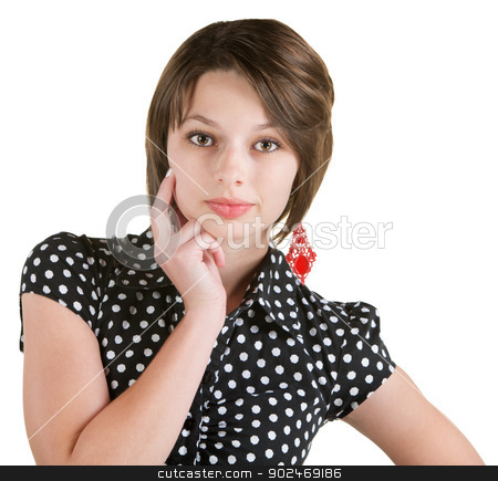 To use this stock image in your creative project, please select the size you need over to the right and click the "Add to Cart" button.
Your downloaded image will come with the Cutcaster watermark removed so don’t worry about the watermark you see on this page. Serious Woman with Finger on Cheek stock photo, Serious European woman in polka dots with finger on cheeks by Scott Griessel