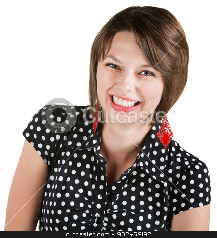 To use this stock image in your creative project, please select the size you need over to the right and click the "Add to Cart" button.
Your downloaded image will come with the Cutcaster watermark removed so don’t worry about the watermark you see on this page. Beautiful Lady Laughing stock photo, Beautiful brunette in polka dots laughing on isolated background by Scott Griessel