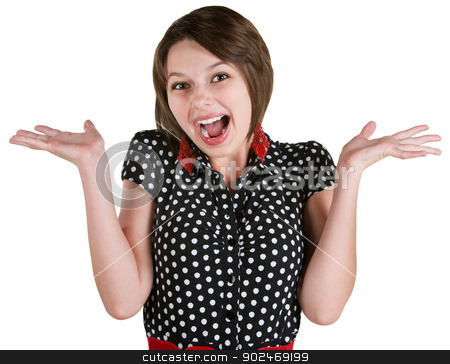 To use this stock image in your creative project, please select the size you need over to the right and click the "Add to Cart" button.
Your downloaded image will come with the Cutcaster watermark removed so don’t worry about the watermark you see on this page. Excited Woman with Hands Up stock photo, Single excited young white woman in polka dot dress by Scott Griessel