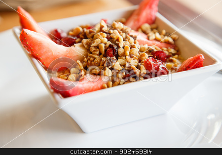 To use this stock image in your creative project, please select the size you need over to the right and click the "Add to Cart" button.
Your downloaded image will come with the Cutcaster watermark removed so don’t worry about the watermark you see on this page. Oatmeal with Walnuts and Fresh Strawberries stock photo, Steel-cut oatmeal in white bowl on white plate with strawberries, dried cranberries and walnuts by Darryl Brooks