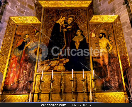 To use this stock image in your creative project, please select the size you need over to the right and click the "Add to Cart" button.
Your downloaded image will come with the Cutcaster watermark removed so don’t worry about the watermark you see on this page. Painted Choir Stall Mary Saint Sebastian Gothic Catholic Barcelo stock photo, BARCELONA, SPAIN--OCTOBER 19, 2012 Painted Choir Stall Mary and Martha Saint Sebastian Gothic Catholic Barcelona Cathedral Basilica in Catalonia, Barcelona, Spain on October 19, 2012. Cathedral built in 1298. by William Perry