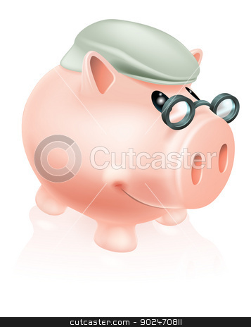 To use this stock image in your creative project, please select the size you need over to the right and click the "Add to Cart" button.
Your downloaded image will come with the Cutcaster watermark removed so don’t worry about the watermark you see on this page. Pension savings piggy bank stock vector clipart, Pension savings piggy bank concept of a piggy bank money box in senior's cap and spectacles. by Christos Georghiou