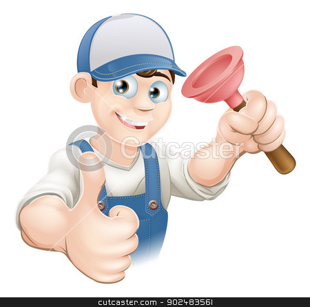 To use this stock image in your creative project, please select the size you need over to the right and click the "Add to Cart" button.
Your downloaded image will come with the Cutcaster watermark removed so don’t worry about the watermark you see on this page. Cartoon plunger man stock vector clipart, Cartoon of a man in work gear giving a thumbs up and holding a plunger. Perhaps a plumber. by Christos Georghiou