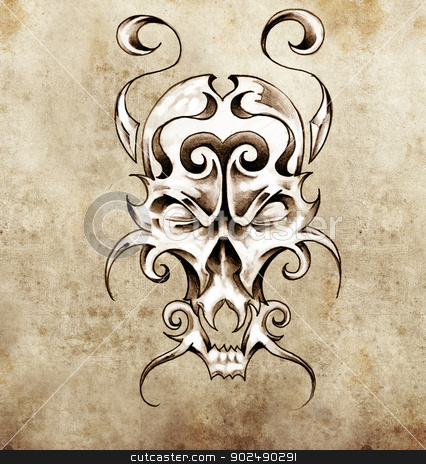To use this stock image in your creative project, please select the size you need over to the right and click the "Add to Cart" button.
Your downloaded image will come with the Cutcaster watermark removed so don’t worry about the watermark you see on this page. Sketch of tattoo art, monster mask with decorative elements stock photo, Sketch of tattoo art, monster mask with decorative elements by Fernando Cortes
