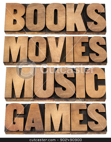 To use this stock image in your creative project, please select the size you need over to the right and click the "Add to Cart" button.
Your downloaded image will come with the Cutcaster watermark removed so don’t worry about the watermark you see on this page. books, movies, music and games stock photo, books, movies, music and games - entertainment concept - collage of isolated words in vintage letterpress wood type printing blocks by Marek Uliasz