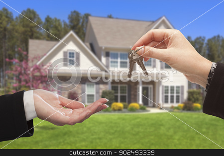 To use this stock image in your creative project, please select the size you need over to the right and click the "Add to Cart" button.
Your downloaded image will come with the Cutcaster watermark removed so don’t worry about the watermark you see on this page. Agent Handing Over the House Keys in Front of New Home stock photo, Real Estate Agent Handing Over the House Keys in Front of a Beautiful New Home. by Andy Dean