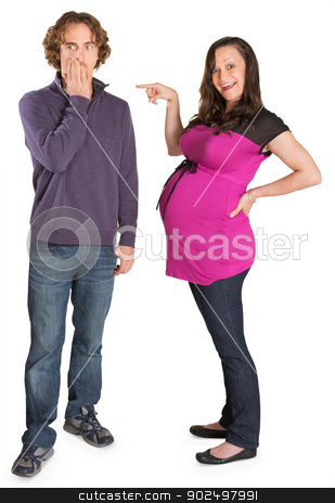 To use this stock image in your creative project, please select the size you need over to the right and click the "Add to Cart" button.
Your downloaded image will come with the Cutcaster watermark removed so don’t worry about the watermark you see on this page. Pregnant Lady Points at Man stock photo, Man covering mouth as pregnant woman points at him by Scott Griessel