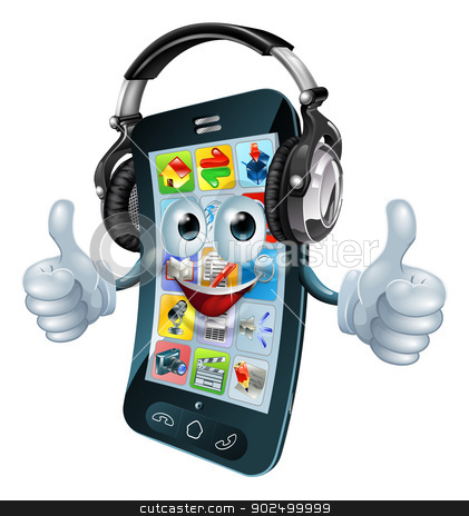 To use this stock image in your creative project, please select the size you need over to the right and click the "Add to Cart" button.
Your downloaded image will come with the Cutcaster watermark removed so don’t worry about the watermark you see on this page. Music headphones phone stock vector clipart, A cell phone cartoon character with music headphones on giving the thumbs up. Could be a concept for a music app or similar. by Christos Georghiou