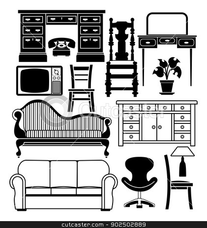 To use this stock image in your creative project, please select the size you need over to the right and click the "Add to Cart" button.
Your downloaded image will come with the Cutcaster watermark removed so don’t worry about the watermark you see on this page. Set of furniture stock vector clipart, An illustration of a set of black and white furniture graphics by Christos Georghiou