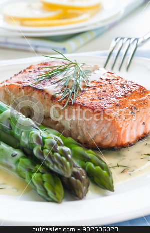 To use this stock image in your creative project, please select the size you need over to the right and click the "Add to Cart" button.
Your downloaded image will come with the Cutcaster watermark removed so don’t worry about the watermark you see on this page. Salmon with Asparagus stock photo, Grilled salmon with asparagus and dill sauce on white plate by Tiramisu Studio