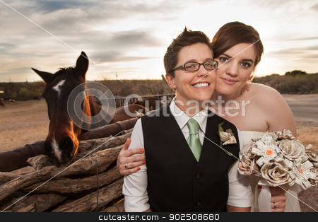 To use this stock image in your creative project, please select the size you need over to the right and click the "Add to Cart" button.
Your downloaded image will come with the Cutcaster watermark removed so don’t worry about the watermark you see on this page. Same Sex Newlyweds with Horse stock photo, Boyish groom and lesbian bride outdoors near horse by Scott Griessel