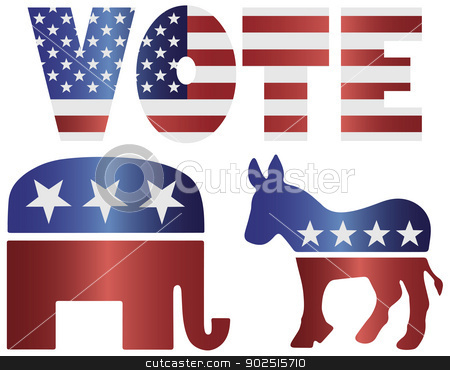 To use this stock image in your creative project, please select the size you need over to the right and click the "Add to Cart" button.
Your downloaded image will come with the Cutcaster watermark removed so don’t worry about the watermark you see on this page. Vote Republican Elephant and Democrat Donkey Illustration stock vector clipart, Vote Republican Elephant and Democrat Donkey with American USA Flag Silhouette Illustration by Jit Lim
