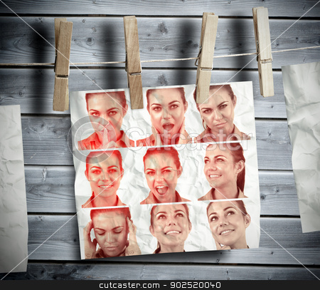 To use this stock image in your creative project, please select the size you need over to the right and click the "Add to Cart" button.
Your downloaded image will come with the Cutcaster watermark removed so don’t worry about the watermark you see on this page. Pegs hanging pictures showing woman gesturing stock photo, Pegs hanging pictures showing woman gesturing with wooden boards on the background by Wavebreak Media