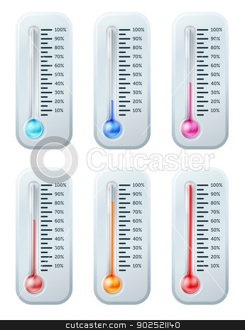 To use this stock image in your creative project, please select the size you need over to the right and click the "Add to Cart" button.
Your downloaded image will come with the Cutcaster watermark removed so don’t worry about the watermark you see on this page. Thermometer series set stock vector clipart, A series of thermometers with the colour of the liquid turning warmer as temperature increases or target or goal is reached. Starts off blue through to red. by Christos Georghiou