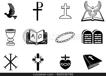 To use this stock image in your creative project, please select the size you need over to the right and click the "Add to Cart" button.
Your downloaded image will come with the Cutcaster watermark removed so don’t worry about the watermark you see on this page. Christian religious signs and symbols stock vector clipart, Illustration of religious signs and symbols from Christianity by Christos Georghiou