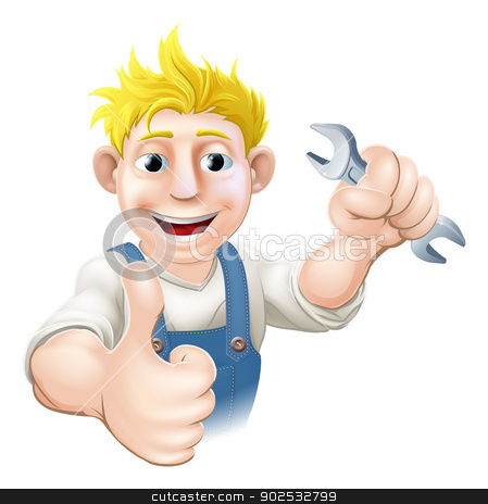 To use this stock image in your creative project, please select the size you need over to the right and click the "Add to Cart" button.
Your downloaded image will come with the Cutcaster watermark removed so don’t worry about the watermark you see on this page. Cartoon mechanic or plumber with wrench stock vector clipart, Cartoon mechanic or plumber holding a wrench or spanner and doing a thumbs up gesture by Christos Georghiou