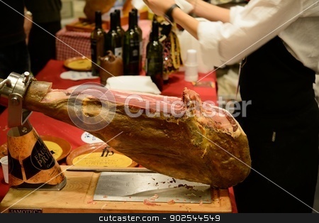 To use this stock image in your creative project, please select the size you need over to the right and click the "Add to Cart" button.
Your downloaded image will come with the Cutcaster watermark removed so don’t worry about the watermark you see on this page. Serrano stock photo, Jamon serrano in cuisine. Dry cured Spanish ham. by Maurizio Martini
