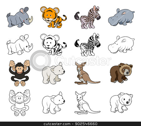 To use this stock image in your creative project, please select the size you need over to the right and click the "Add to Cart" button.
Your downloaded image will come with the Cutcaster watermark removed so don’t worry about the watermark you see on this page. Cartoon Wild Animal Illustrations stock vector clipart, A set of cartoon wild animal illustrations. Color and black an white outline versions. by Christos Georghiou