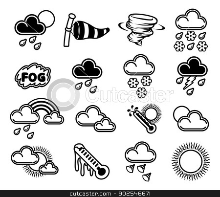 To use this stock image in your creative project, please select the size you need over to the right and click the "Add to Cart" button.
Your downloaded image will come with the Cutcaster watermark removed so don’t worry about the watermark you see on this page. Weather Icons stock vector clipart, A set of monochrome weather icons like those used in forecasts by Christos Georghiou