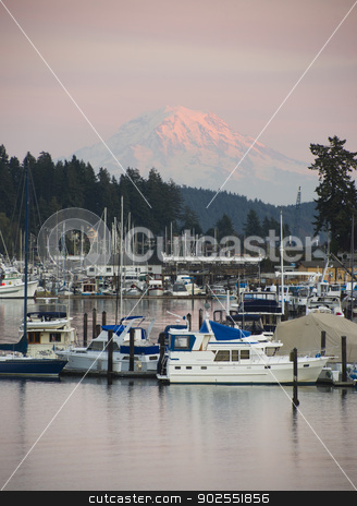 To use this stock image in your creative project, please select the size you need over to the right and click the "Add to Cart" button.
Your downloaded image will come with the Cutcaster watermark removed so don’t worry about the watermark you see on this page. Mt Rainier Yachts Boats and Buildings Gig Harbor Washington USA stock photo, The sleepy harbor of the town of Gig Harbor with Mt Rainier catching the light from sunset in the background by Christopher Boswell