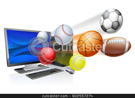 To use this stock image in your creative project, please select the size you need over to the right and click the "Add to Cart" button.
Your downloaded image will come with the Cutcaster watermark removed so don’t worry about the watermark you see on this page. Sports computer app concept stock vector clipart, Sports computer app concept, an illustration of a pc computer with sports balls flying out of the screen by Christos Georghiou