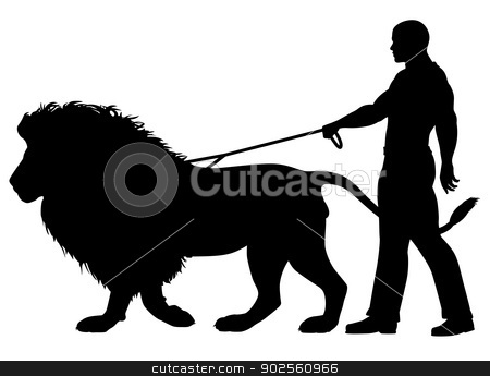 To use this stock image in your creative project, please select the size you need over to the right and click the "Add to Cart" button.
Your downloaded image will come with the Cutcaster watermark removed so don’t worry about the watermark you see on this page. Lion walker stock vector clipart, Editable vector silhouette of a man walking a lion on a leash by Robert Adrian Hillman
