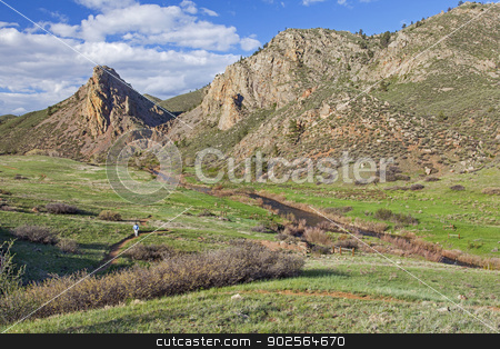 To use this stock image in your creative project, please select the size you need over to the right and click the "Add to Cart" button.
Your downloaded image will come with the Cutcaster watermark removed so don’t worry about the watermark you see on this page. hiker in mountain scenery stock photo, a lonely male hiker in a vast mouintain ranch scenery - Eagle Nest Rock Open Space in Colorado at springtime by Marek Uliasz