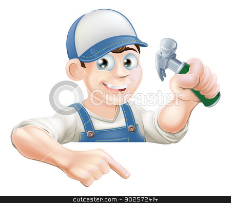To use this stock image in your creative project, please select the size you need over to the right and click the "Add to Cart" button.
Your downloaded image will come with the Cutcaster watermark removed so don’t worry about the watermark you see on this page. Construction guy pointing at banner stock vector clipart, A cartoon carpenter or construction guy with a hammer peeking over a sign or banner and pointing at it by Christos Georghiou