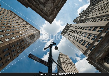 To use this stock image in your creative project, please select the size you need over to the right and click the "Add to Cart" button.
Your downloaded image will come with the Cutcaster watermark removed so don’t worry about the watermark you see on this page. NYC architecture skycrapers reade st stock photo, A shot taken from a street corner, pointing high to sky, showing the top of the tall skyscrapers of New York City. A sensation of vertigo. by João Figueiredo