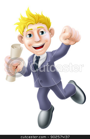 To use this stock image in your creative project, please select the size you need over to the right and click the "Add to Cart" button.
Your downloaded image will come with the Cutcaster watermark removed so don’t worry about the watermark you see on this page. Business qualification pass concept stock vector clipart, A happy man in business suit with certificate, qualification or other scroll jumping for with fist clenched. Education concept career development , learning, training or passing a professional examination. by Christos Georghiou