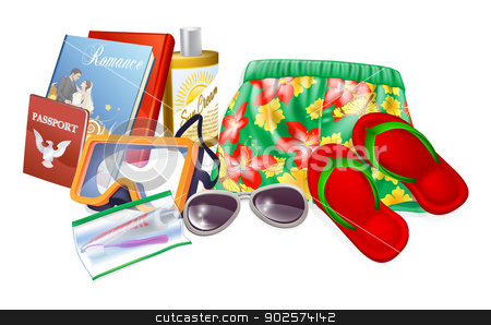 To use this stock image in your creative project, please select the size you need over to the right and click the "Add to Cart" button.
Your downloaded image will come with the Cutcaster watermark removed so don’t worry about the watermark you see on this page. Holiday essentials stock vector clipart, Holiday essentials illustrations. Important thing to pack for a summer holiday, vacation or trip. Includes sun cream, sunglasses, reading material, toiletries, sandals and passport by Christos Georghiou