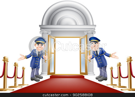 To use this stock image in your creative project, please select the size you need over to the right and click the "Add to Cart" button.
Your downloaded image will come with the Cutcaster watermark removed so don’t worry about the watermark you see on this page. Red carpet entrance stock vector clipart, An illustration of a red carpet entrance with velvet ropes and two doormen welcoming the viewer in by Christos Georghiou