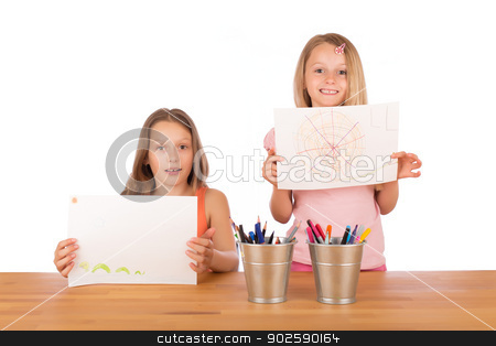 To use this stock image in your creative project, please select the size you need over to the right and click the "Add to Cart" button.
Your downloaded image will come with the Cutcaster watermark removed so don’t worry about the watermark you see on this page. Young girls show their drawings stock photo, Two sisters with blond hair smiling and showing their super drawings at a wooden table with metallic pencils holder. Isolated on white background. by doupix