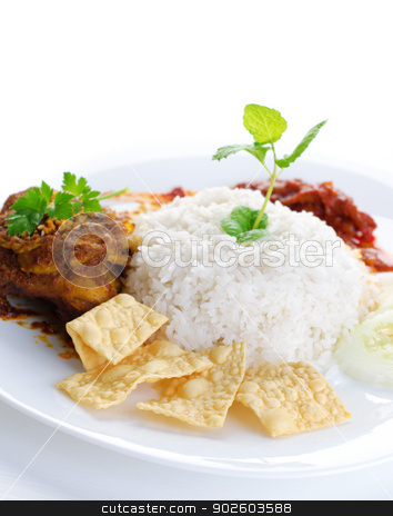 To use this stock image in your creative project, please select the size you need over to the right and click the "Add to Cart" button.
Your downloaded image will come with the Cutcaster watermark removed so don’t worry about the watermark you see on this page. Malay food Nasi lemak stock photo, Nasi lemak traditional malaysian hot and spicy rice dish. Served with belacan, ikan bilis, acar, peanuts and cucumber. White background. Famous malaysian food. by szefei