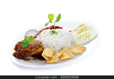 To use this stock image in your creative project, please select the size you need over to the right and click the "Add to Cart" button.
Your downloaded image will come with the Cutcaster watermark removed so don’t worry about the watermark you see on this page. Nasi lemak kukus stock photo, Nasi lemak traditional malaysia spicy rice dish. Served with belacan, ikan bilis, acar, peanuts and cucumber. Malaysian food. Asian cuisine. by szefei