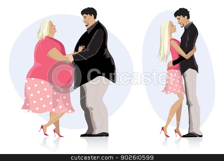 To use this stock image in your creative project, please select the size you need over to the right and click the "Add to Cart" button.
Your downloaded image will come with the Cutcaster watermark removed so don’t worry about the watermark you see on this page. Dieting couple in love stock vector clipart, Illustration of a dieting couple in love before and after diet by Vanda Grigorovic