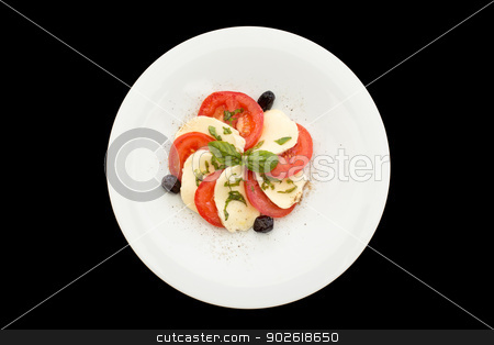 To use this stock image in your creative project, please select the size you need over to the right and click the "Add to Cart" button.
Your downloaded image will come with the Cutcaster watermark removed so don’t worry about the watermark you see on this page. Fresh tomatoes, mozzarella salad stock photo, Fresh tomatoes, mozzarella salad in white plate on a black background. by doupix