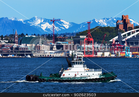 To use this stock image in your creative project, please select the size you need over to the right and click the "Add to Cart" button.
Your downloaded image will come with the Cutcaster watermark removed so don’t worry about the watermark you see on this page. Tug Boat Seattle Port with Red Cranes and Boats Cascade Mountain stock photo, Tug Boat Seattle Port with Red Cranes and Cascade Mountains in the Background by William Perry