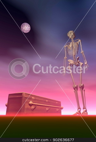 To use this stock image in your creative project, please select the size you need over to the right and click the "Add to Cart" button.
Your downloaded image will come with the Cutcaster watermark removed so don’t worry about the watermark you see on this page. Coffin and skeleton - 3D render stock photo, White skeleton next to a coffin by dark red night with full moon by Elenarts