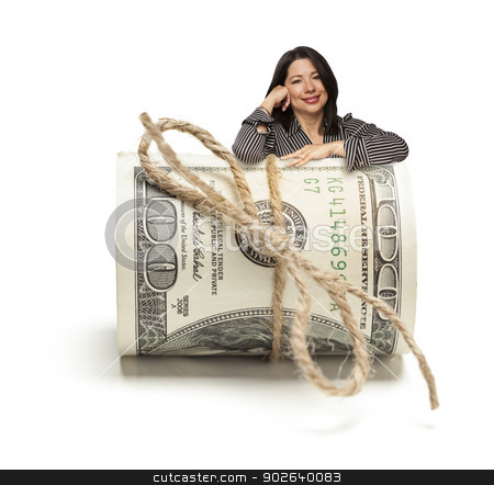 To use this stock image in your creative project, please select the size you need over to the right and click the "Add to Cart" button.
Your downloaded image will come with the Cutcaster watermark removed so don’t worry about the watermark you see on this page. Hispanic Woman Leaning on a Roll Of Hundred Dollar Bills stock photo, Attractive Hispanic Woman Leaning on a Roll Of One Hundred Dollar Bills Isolated on a White Background. by Andy Dean