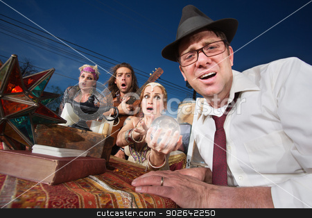 To use this stock image in your creative project, please select the size you need over to the right and click the "Add to Cart" button.
Your downloaded image will come with the Cutcaster watermark removed so don’t worry about the watermark you see on this page. Distressed Man's Future stock photo, Distressed businessman sitting at a fortune teller table outside by Scott Griessel