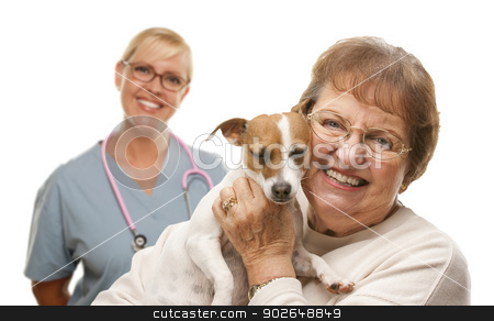 To use this stock image in your creative project, please select the size you need over to the right and click the "Add to Cart" button.
Your downloaded image will come with the Cutcaster watermark removed so don’t worry about the watermark you see on this page. Happy Senior Woman with Dog and Veterinarian stock photo, Happy Senior Woman with Her Dog and Veterinarian Behind Isolated on a White Background. by Andy Dean