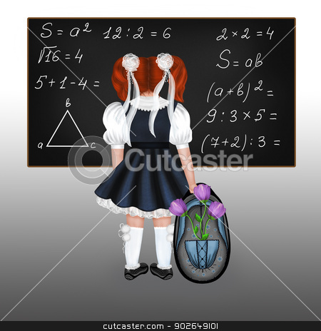 To use this stock image in your creative project, please select the size you need over to the right and click the "Add to Cart" button.
Your downloaded image will come with the Cutcaster watermark removed so don’t worry about the watermark you see on this page. Red-haired schoolgirl stock photo, Little red-haired schoolgirl with a big backpack and flowers. Drawing back to school. by lermannika